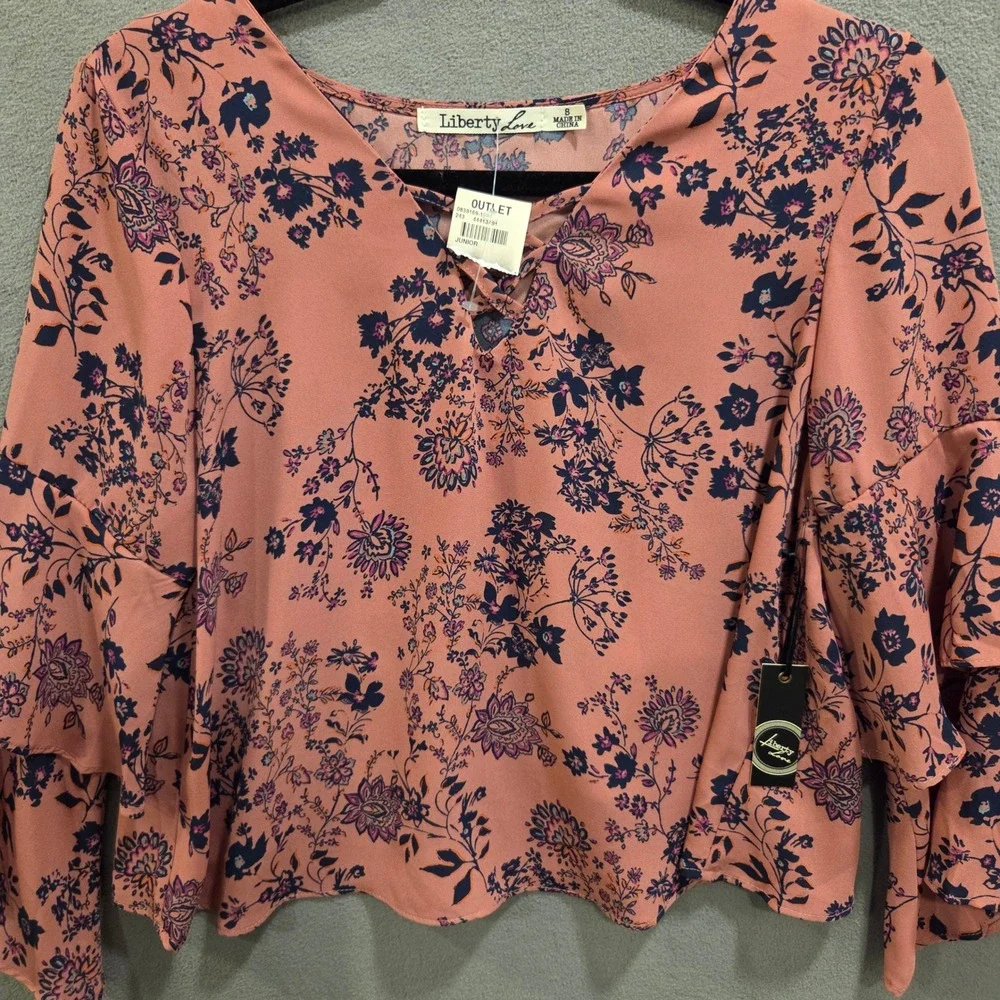 Liberty Love Floral Blouse Women's Size Small Boho Bell‎ Sleeve Ruffle Cottage